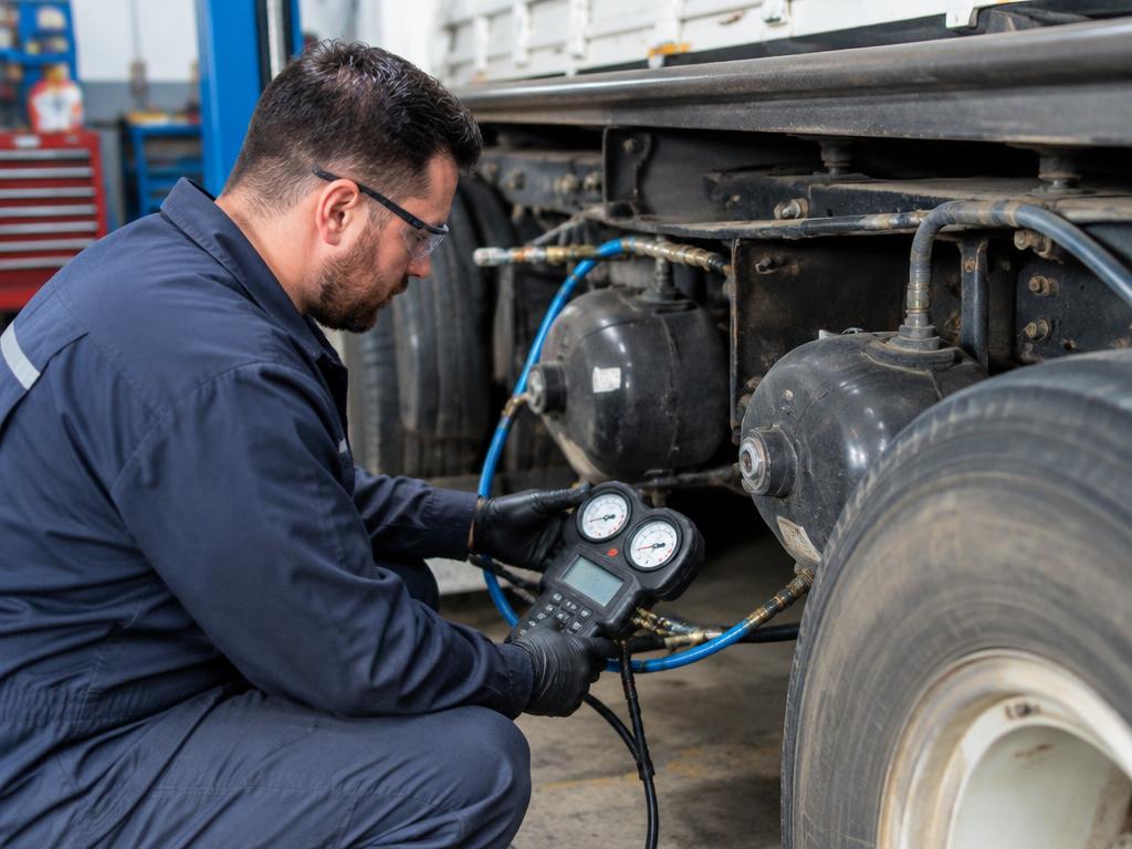Mecânico realizando diagnóstico de pressão no sistema pneumático de um caminhão